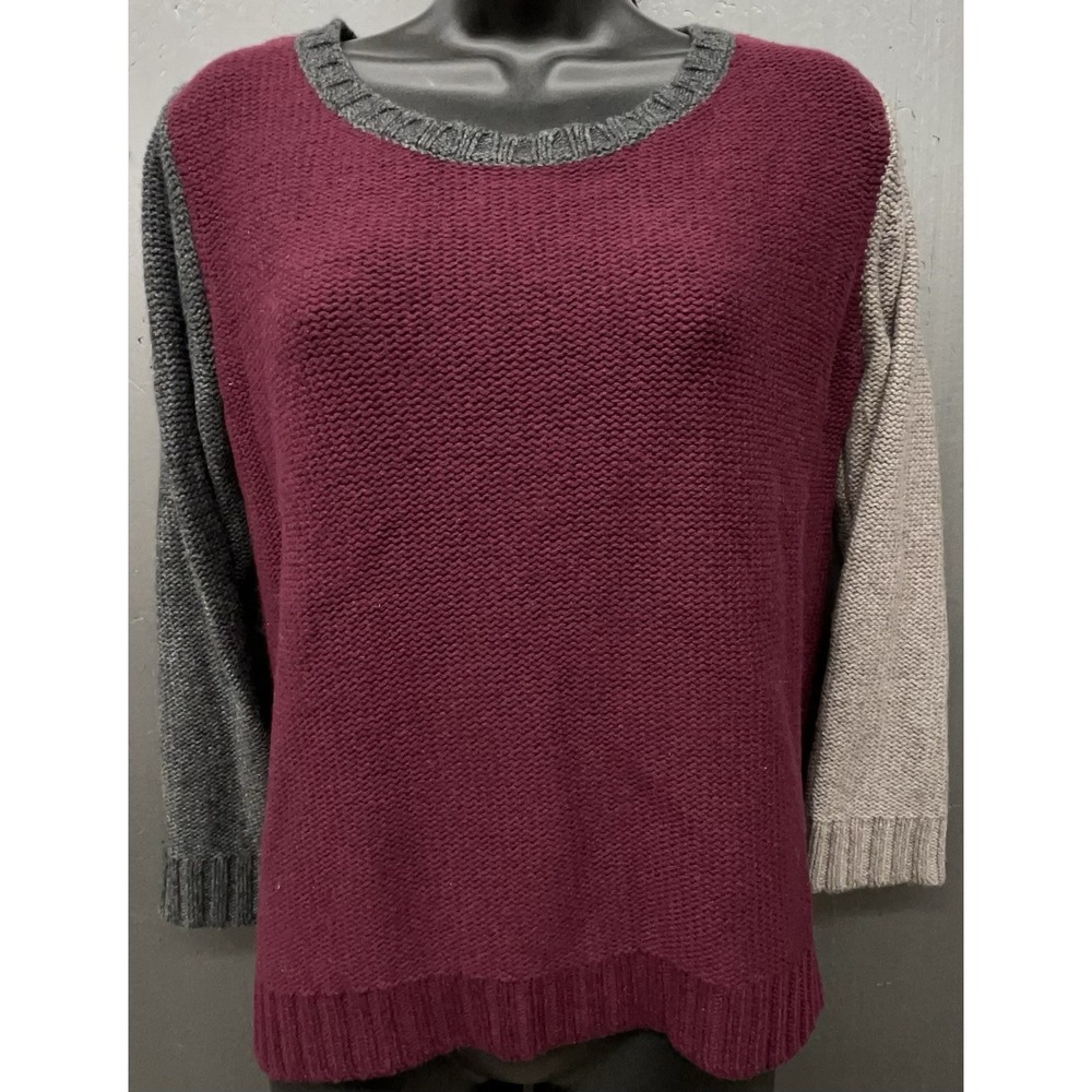 Margaret O'Leary Sweater L Burgundy Color Block Wool Cashmere Blend Quiet Luxury